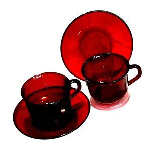 Arcoroc Classique 2 Cups & Saucers Ruby Red Glass Discontinued Replacement Retro